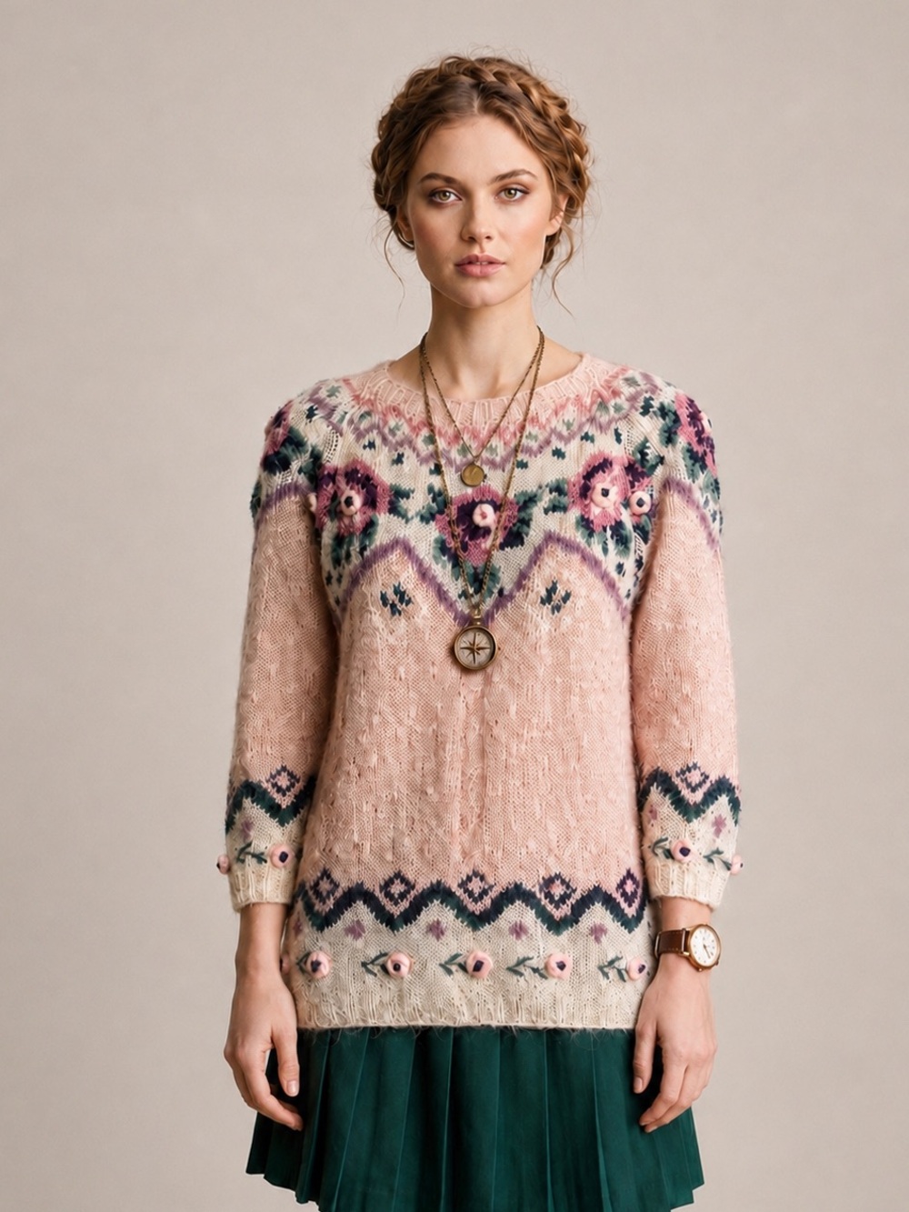 VTG Jennifer Reed Hand Knit Mohair Floral Rosette Sweater Pink L Cottagecore